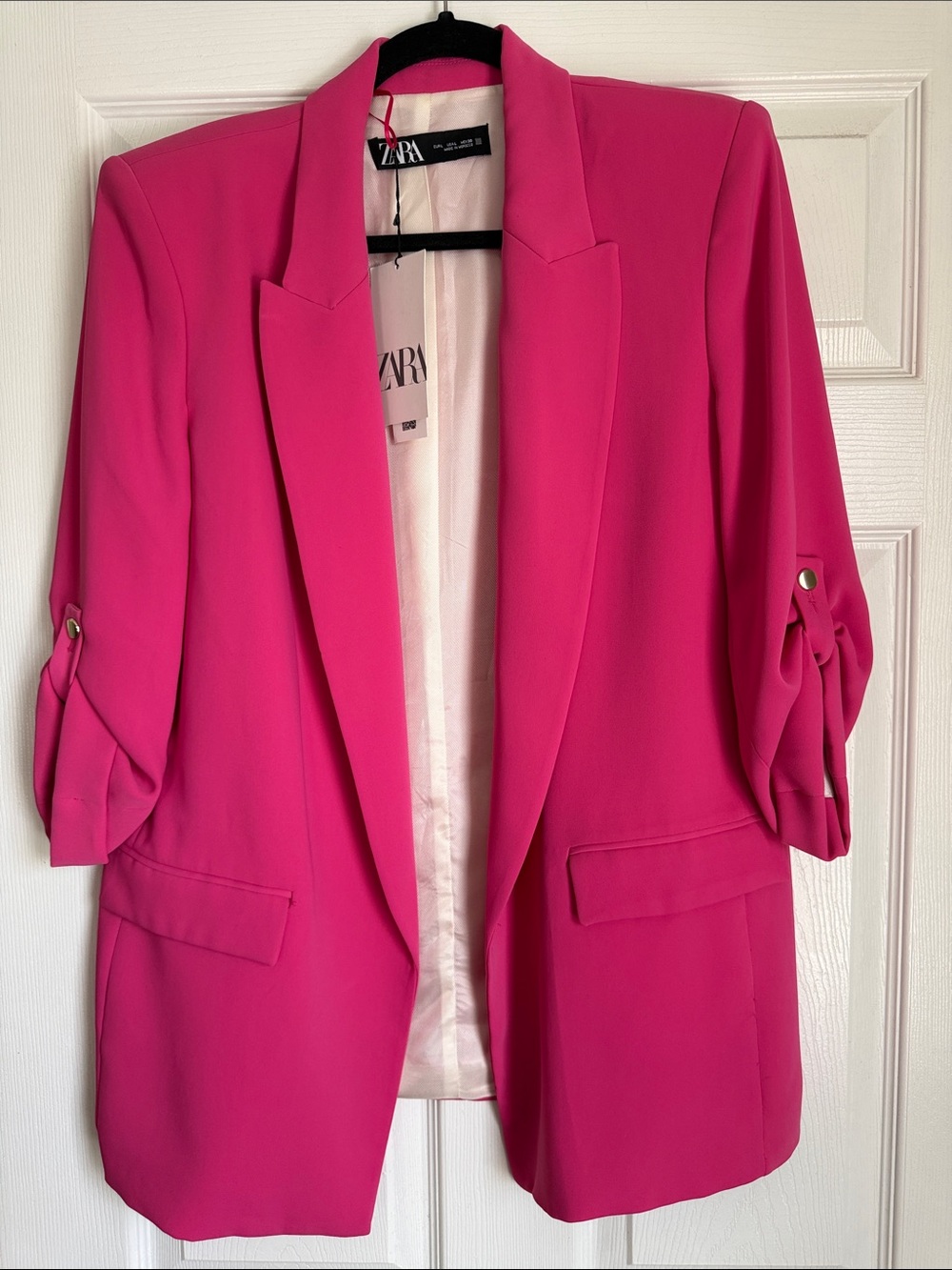 ZARA Hot Pink Open Front Blazer with Rolled 3/4 Sleeves